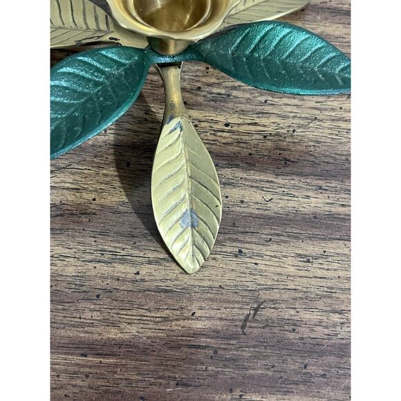 Brass Candle Holder with Green Magnolia Leafs Made in India Solid Brass - Picture 4 of 7